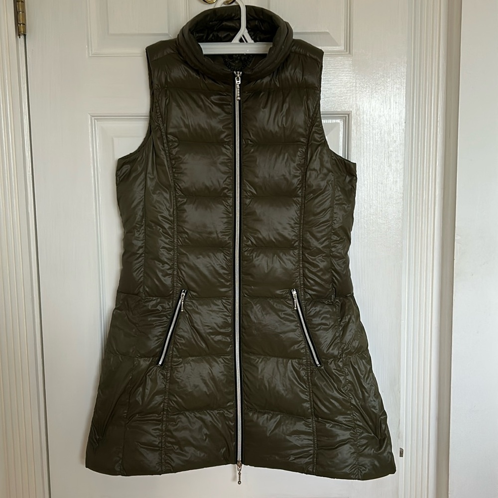 Kismet long down puffer vest, olive green, XS